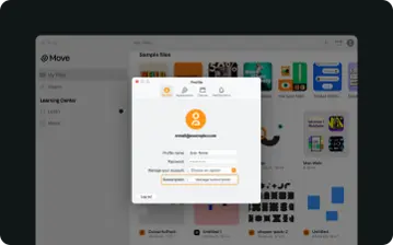 Move Launch screen with pop-up showing the Profile