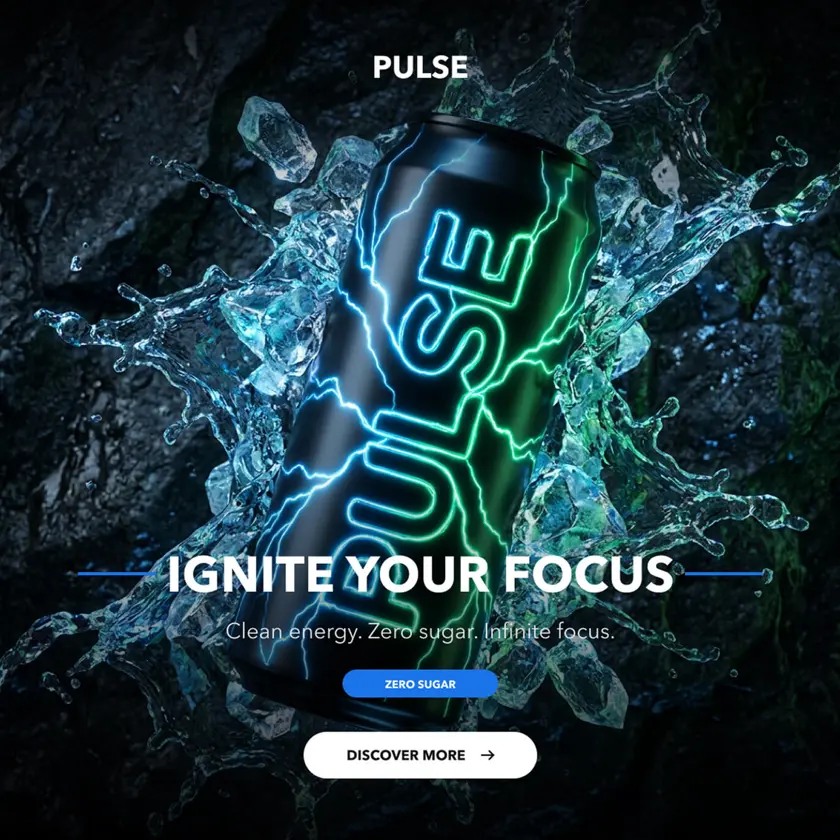 AI-generated energy drink splash mockup, editable in Linearity
