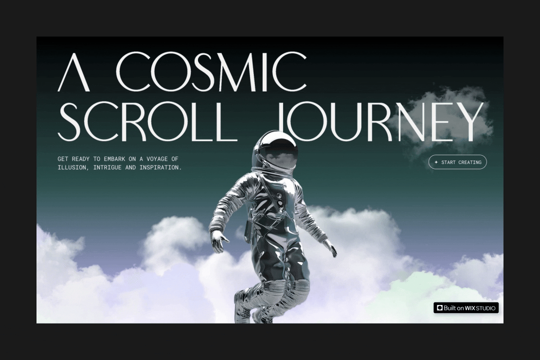 Parallax scrolling on a website features an astronaut navigating through clouds.