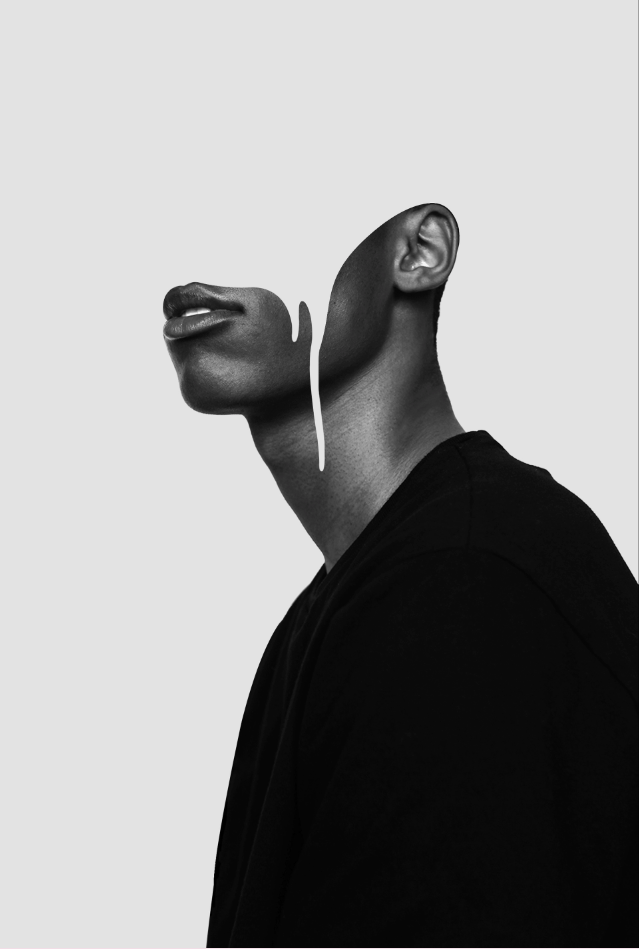 Surreal black-and-white portrait of a man with the top of his head melting away, creating a striking artistic effect.