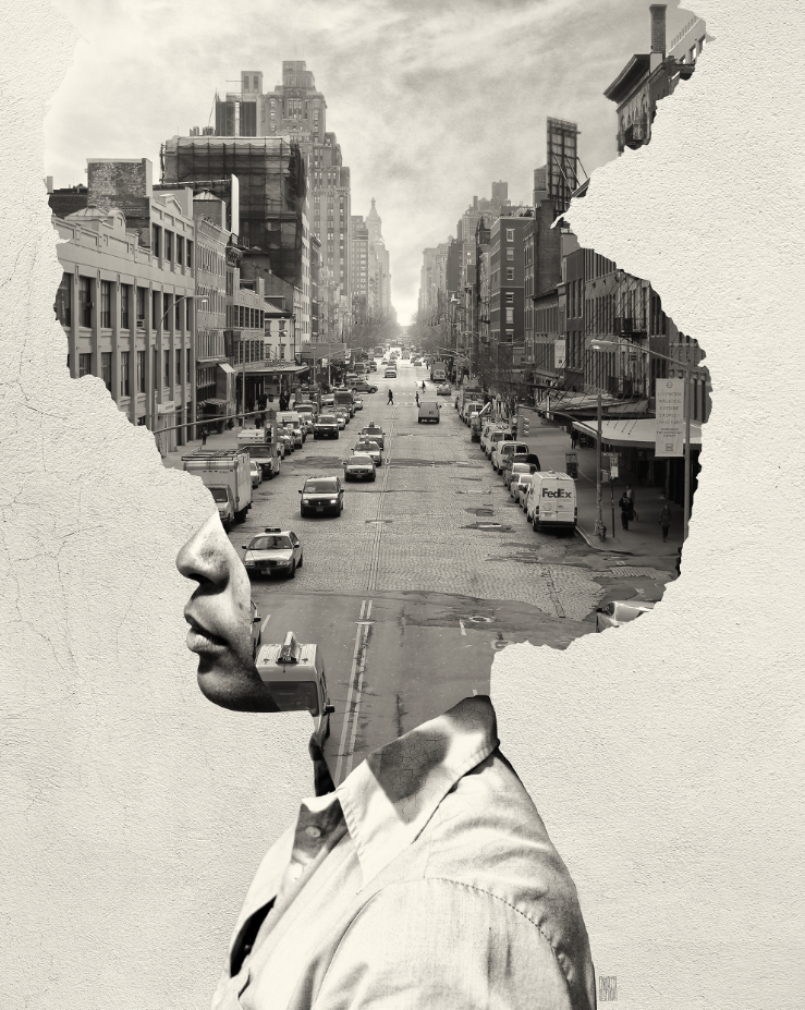 A double exposure artwork featuring a man's profile blended with a city street view, creating a surreal and artistic composition.
