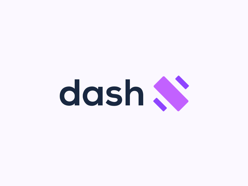 The animated logo of the Dash company features purple lines, with the name appearing at the end.